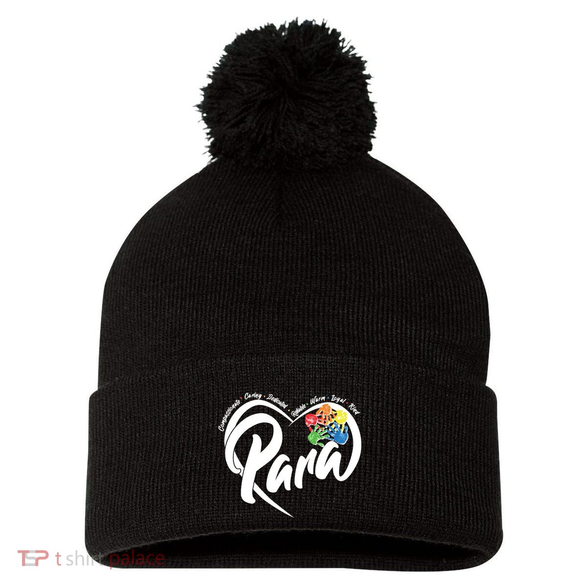Cute Para Paraprofessional Teacher Heart Pom Pom 12in Knit Beanie