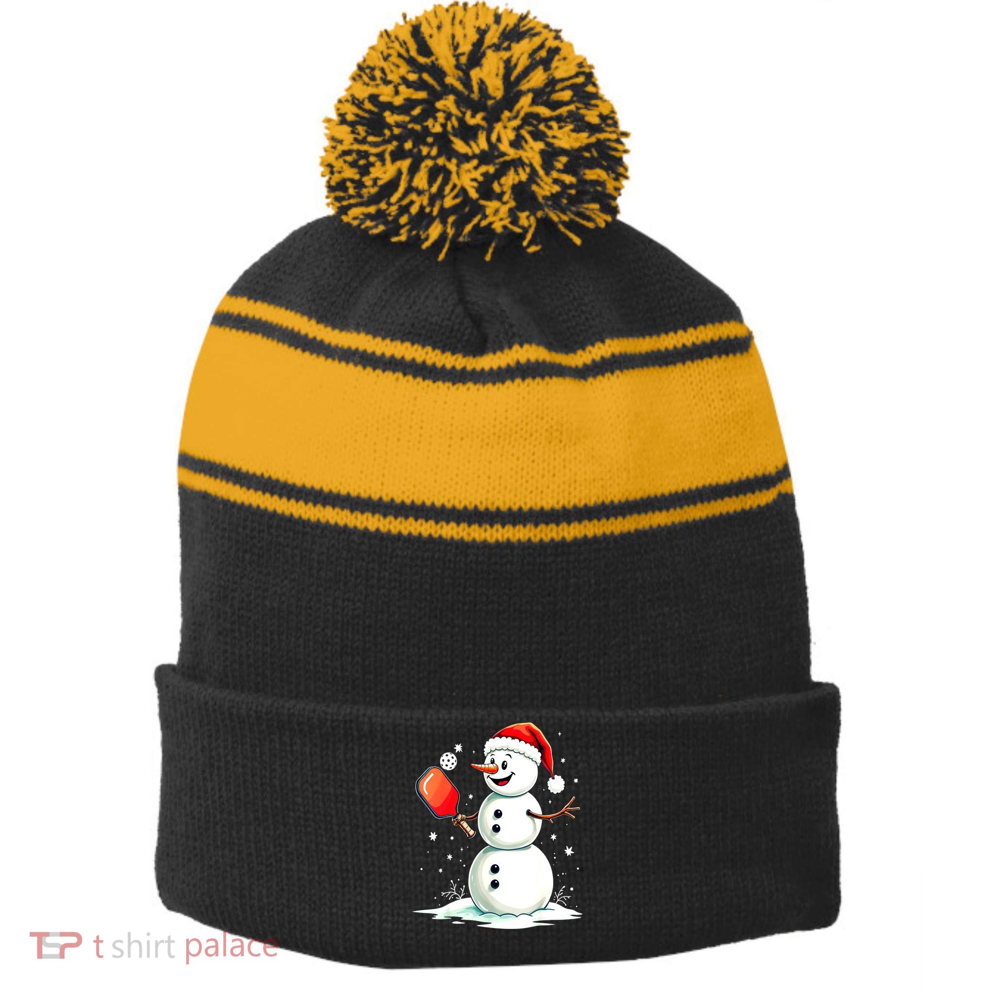Christmas Pickleball Player Funny Pickleball Snowman Xmas Gift Stripe Pom Pom Beanie