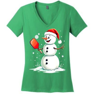 Christmas Pickleball Player Funny Pickleball Snowman Xmas Gift Women's V-Neck T-Shirt