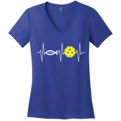 Christian Pickleball Player Ichthys Jesus Fish Symbol Women's V-Neck T-Shirt