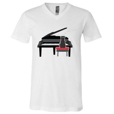 Cat Playing Piano Music Lover Funny V-Neck T-Shirt