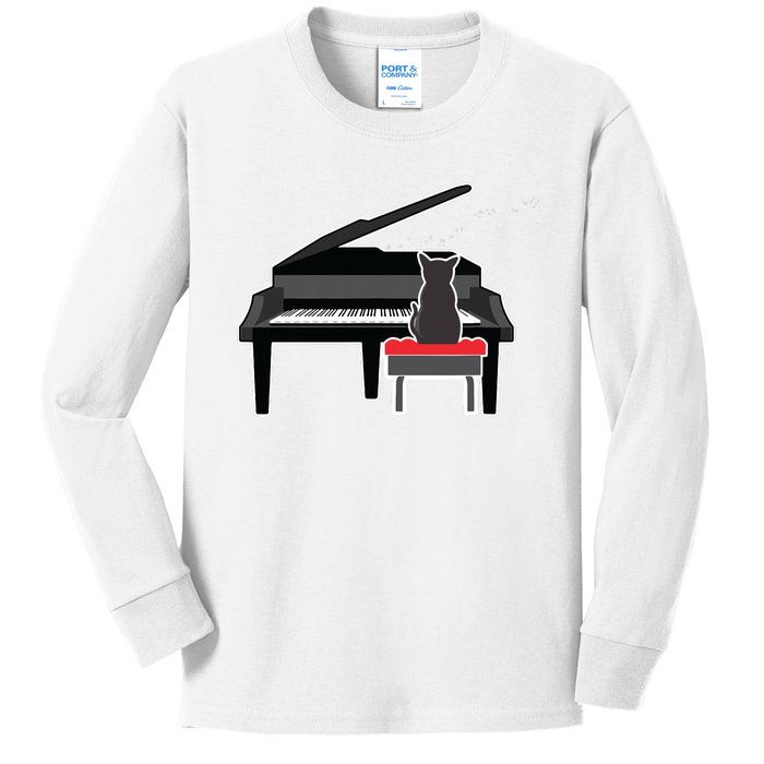 Cat Playing Piano Music Lover Funny Kids Long Sleeve Shirt