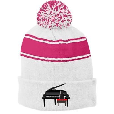 Cat Playing Piano Music Lover Funny Stripe Pom Pom Beanie