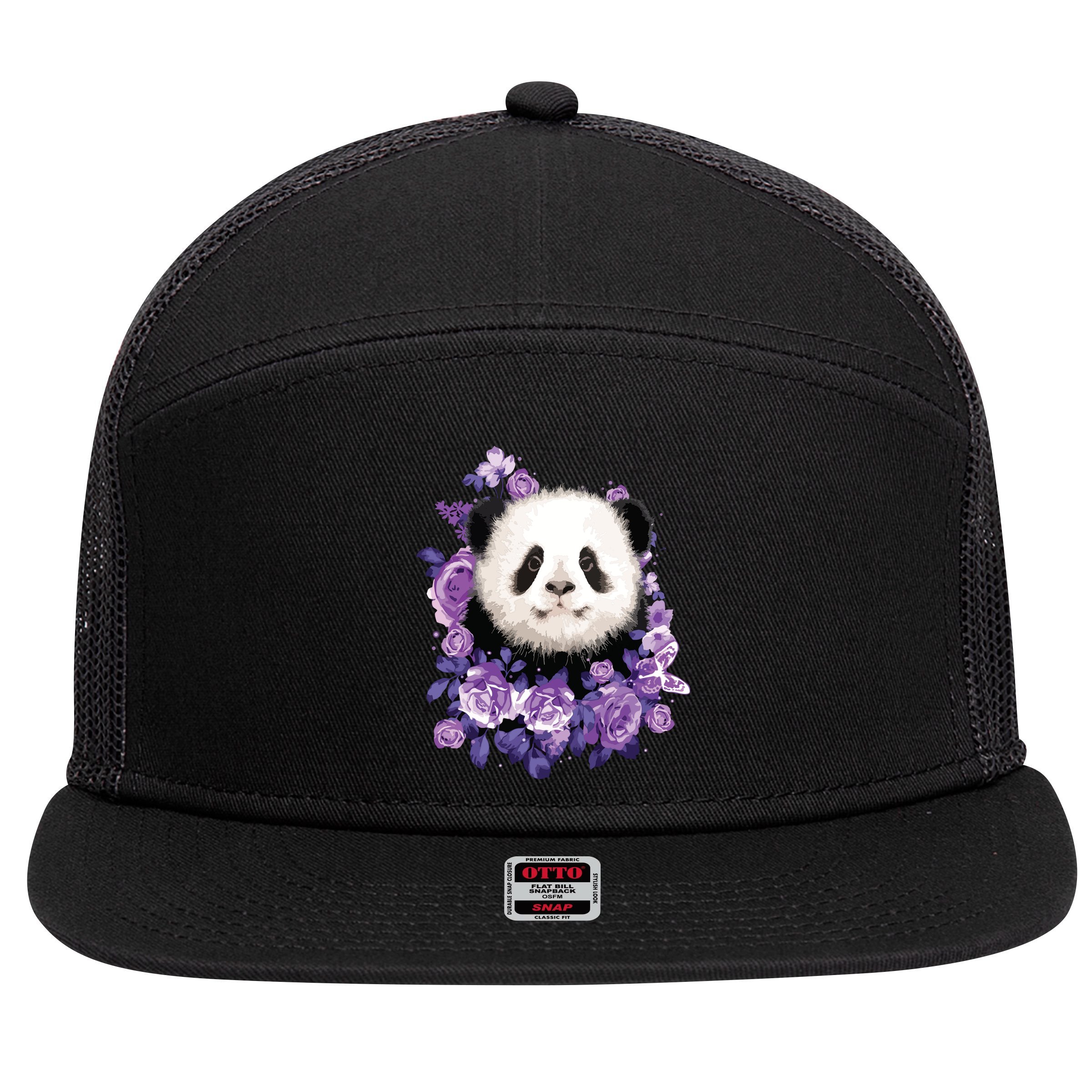 Cute Panda Purple Flowers Panda Lovers Gift 7 Panel Mesh Trucker Snapback Hat