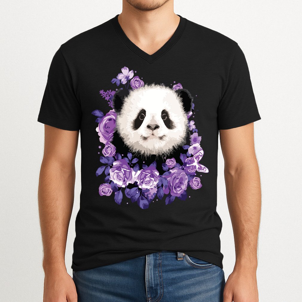 Cute Panda Purple Flowers Panda Lovers Gift V-Neck T-Shirt