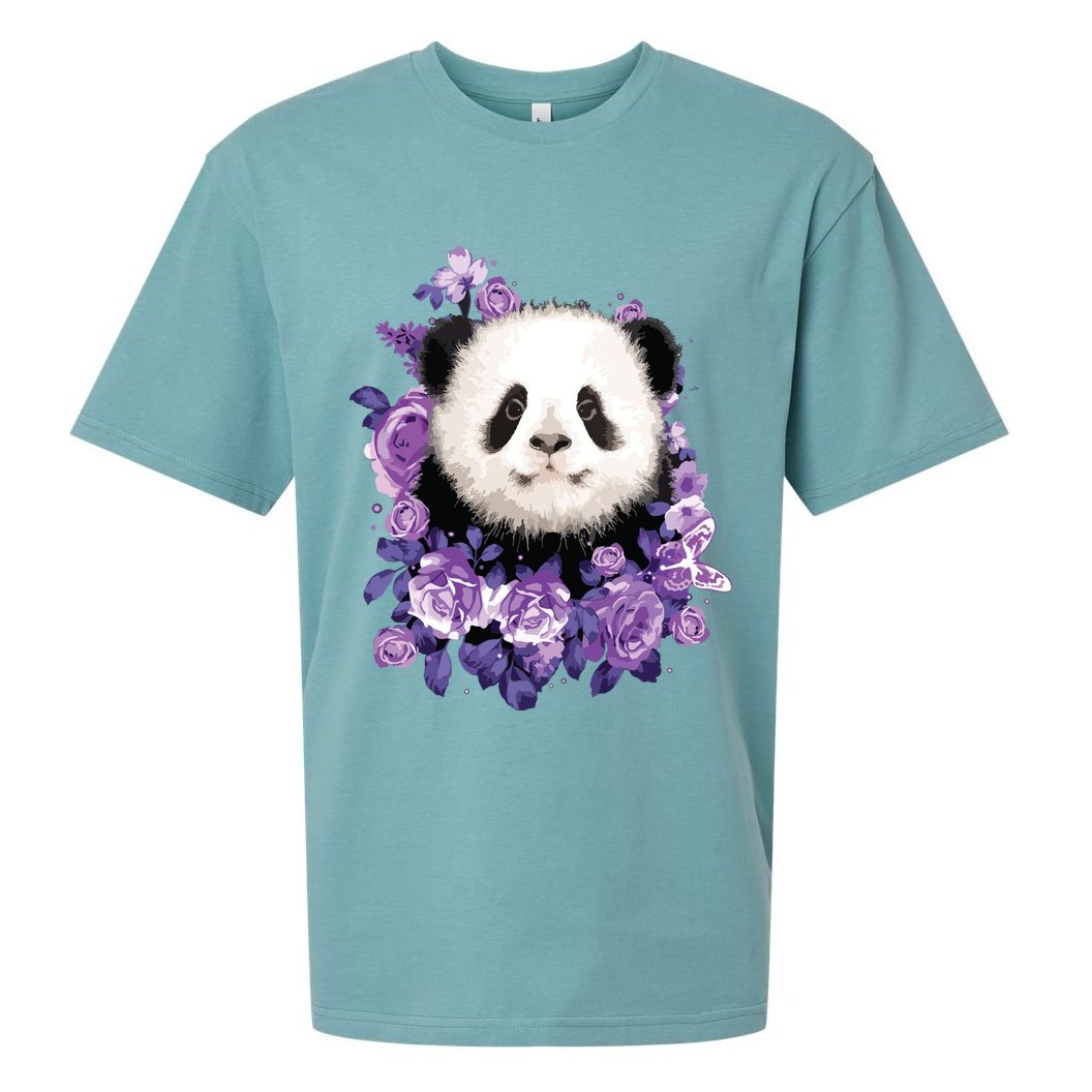 Cute Panda Purple Flowers Panda Lovers Gift Sueded Cloud Jersey T-Shirt