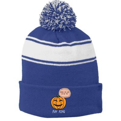 Carved Pumpkin Pun King Funny Halloween Pun Joke Dad Joke Gift Stripe Pom Pom Beanie