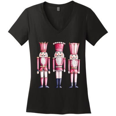 Cute Preppy Pin.K Nutcracker Squad Merry Christmas Pajamas Women's V-Neck T-Shirt