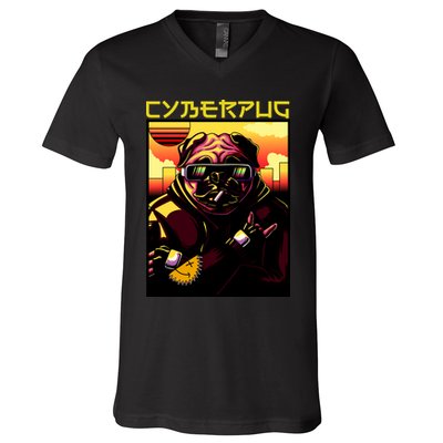 Cyberpug Parody Pug Dog Cyber Punk V-Neck T-Shirt