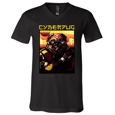 Cyberpug Parody Pug Dog Cyber Punk V-Neck T-Shirt