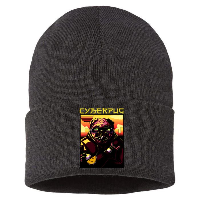 Cyberpug Parody Pug Dog Cyber Punk Sustainable Knit Beanie