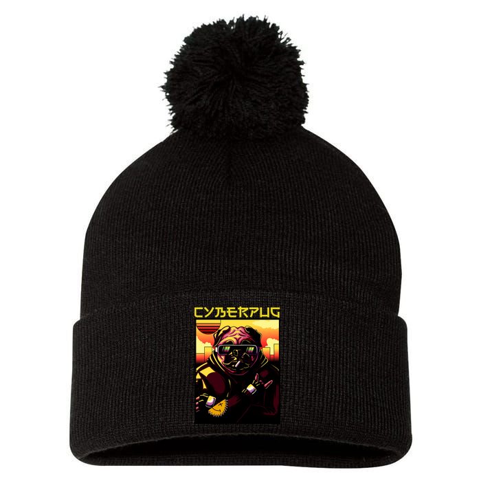 Cyberpug Parody Pug Dog Cyber Punk Pom Pom 12in Knit Beanie