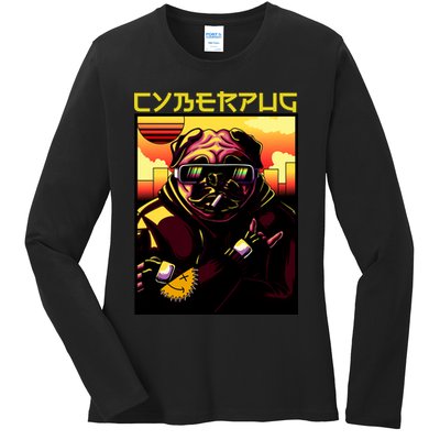 Cyberpug Parody Pug Dog Cyber Punk Ladies Long Sleeve Shirt