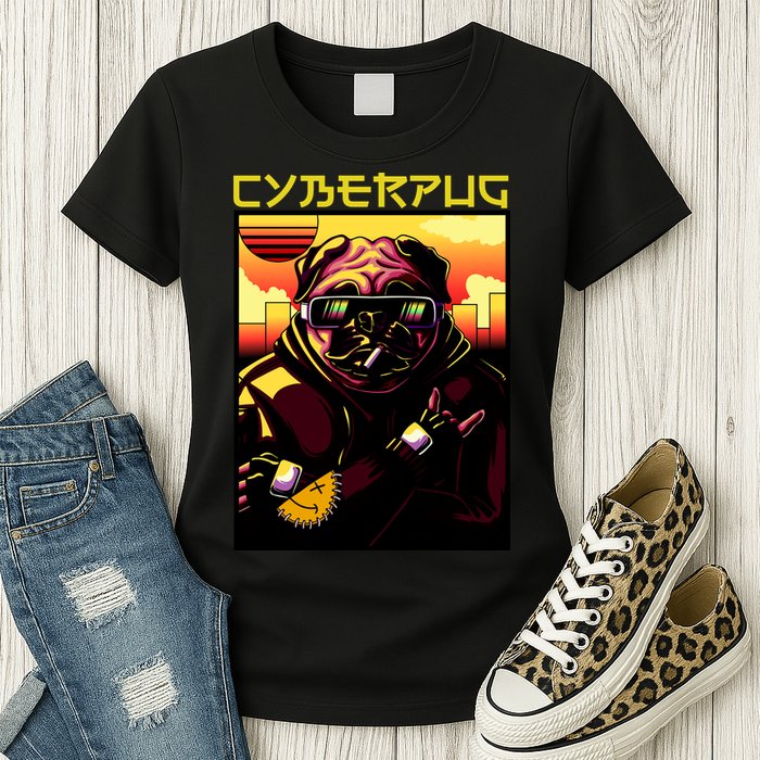 Cyberpug Parody Pug Dog Cyber Punk Womens T-Shirt
