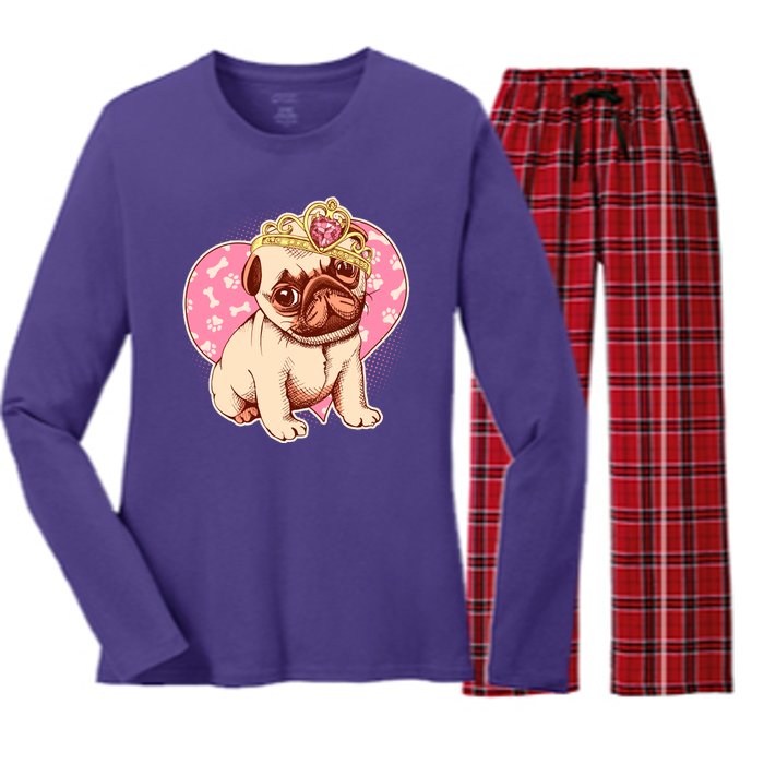 Cute Princess Pug Dog Women's Long Sleeve Flannel Pajama Set 