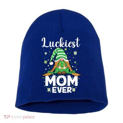Check Plaid Pattern Luckiest Mom Ever St Patrick Day Gnomes Gift Short Acrylic Beanie