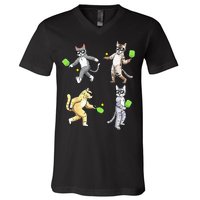 Cats Playing Pickleball V-Neck T-Shirt