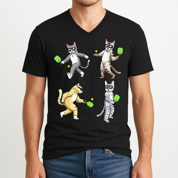 Cats Playing Pickleball V-Neck T-Shirt