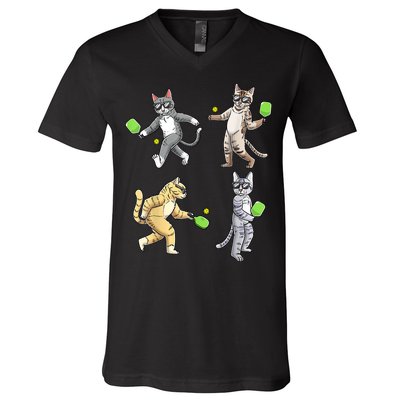 Cats Playing Pickleball V-Neck T-Shirt