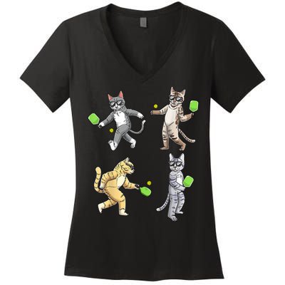 Cats Playing Pickleball Women's V-Neck T-Shirt