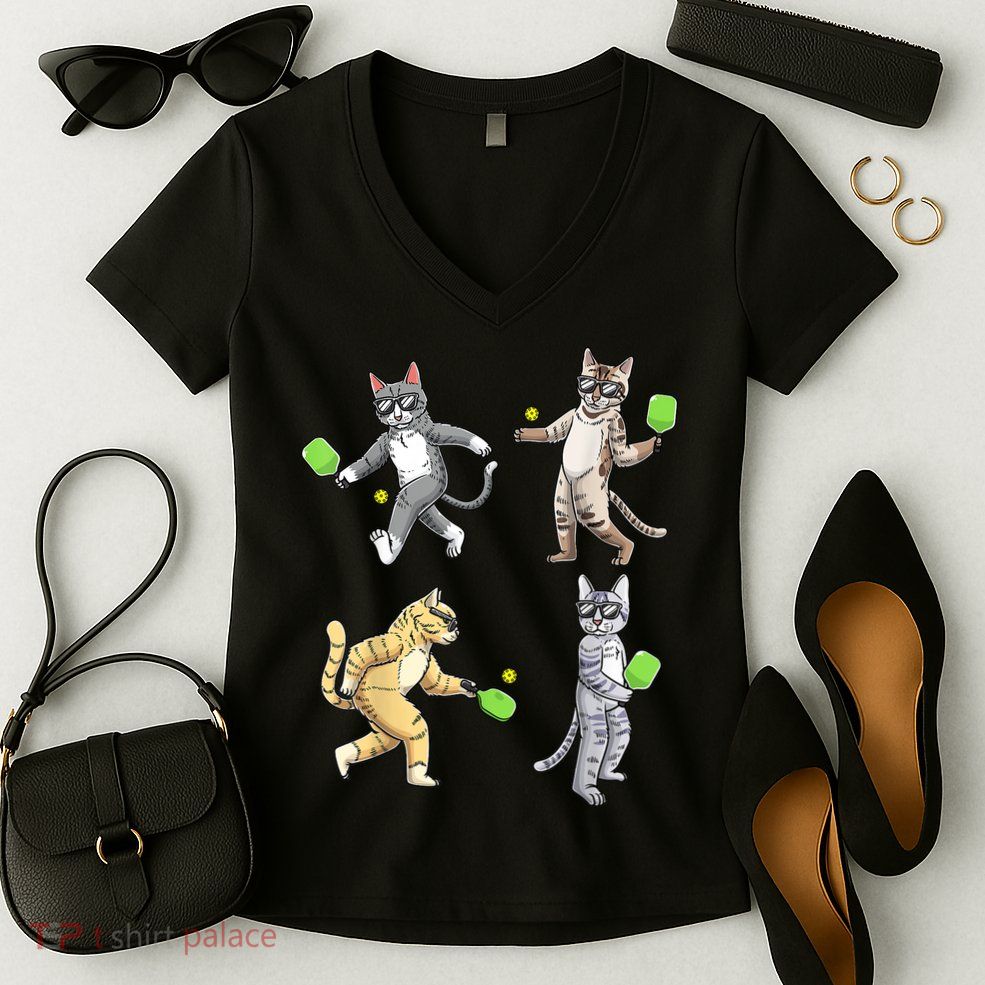 Cats Playing Pickleball Women's V-Neck T-Shirt