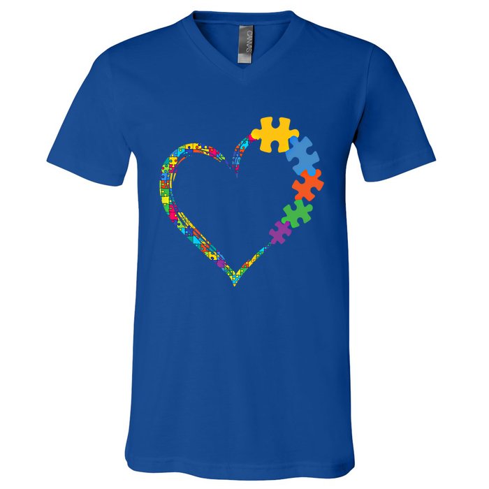 Colorful Puzzle Pieces Autism Awareness Autism Heart Gift V-Neck T-Shirt