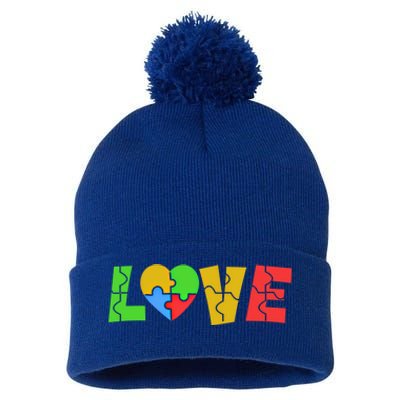 Colorful Puzzle Pieces Autism Awareness Coloured Love Heart Cool Gift Pom Pom 12in Knit Beanie