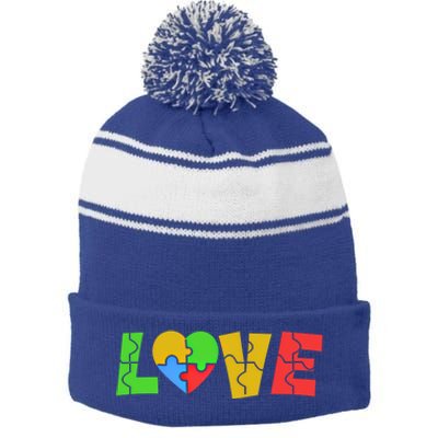 Colorful Puzzle Pieces Autism Awareness Coloured Love Heart Cool Gift Stripe Pom Pom Beanie