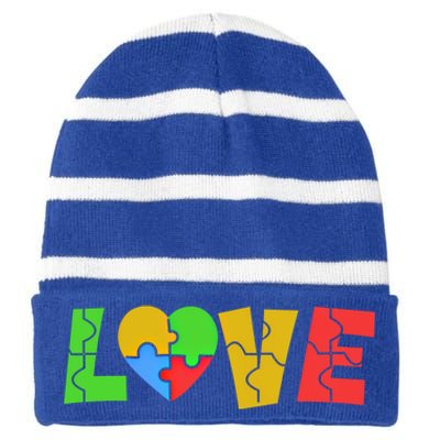 Colorful Puzzle Pieces Autism Awareness Coloured Love Heart Cool Gift Striped Beanie with Solid Band