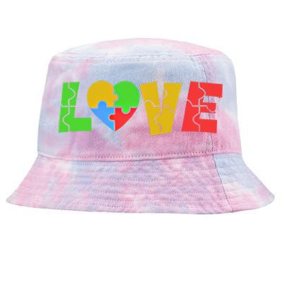 Colorful Puzzle Pieces Autism Awareness Coloured Love Heart Cool Gift Tie-Dyed Bucket Hat