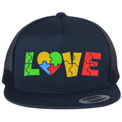 Colorful Puzzle Pieces Autism Awareness Coloured Love Heart Cool Gift Flat Bill Trucker Hat