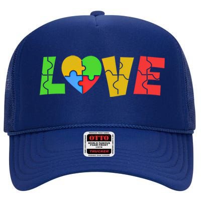 Colorful Puzzle Pieces Autism Awareness Coloured Love Heart Cool Gift High Crown Mesh Back Trucker Hat