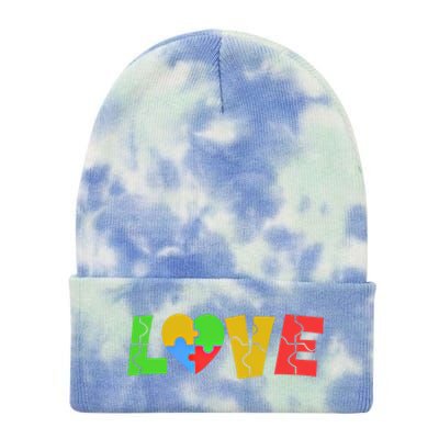 Colorful Puzzle Pieces Autism Awareness Coloured Love Heart Cool Gift Tie Dye 12in Knit Beanie