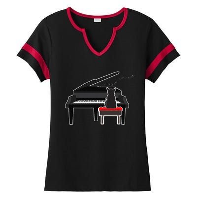 Cat Playing Piano Music Lover Funny Ladies Halftime Notch Neck Tee