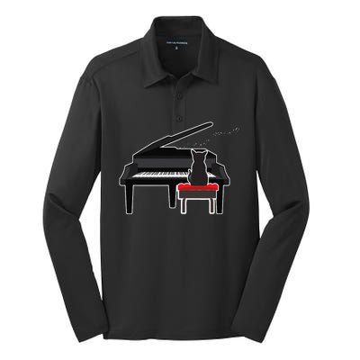 Cat Playing Piano Music Lover Funny Silk Touch Performance Long Sleeve Polo