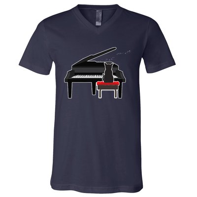 Cat Playing Piano Music Lover Funny V-Neck T-Shirt