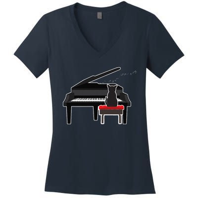 Cat Playing Piano Music Lover Funny Women's V-Neck T-Shirt