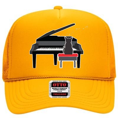 Cat Playing Piano Music Lover Funny T High Crown Mesh Back Trucker Hat