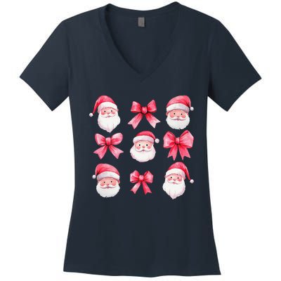 Cute Preppy Pin.K Bow Santa Claus Girly Christmas Girl Women Women's V-Neck T-Shirt