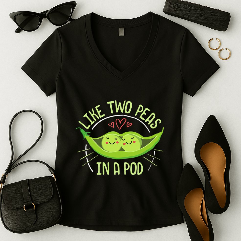 Cute Pea Pod Like Two Peas In A Pod Idiom Women's V-Neck T-Shirt