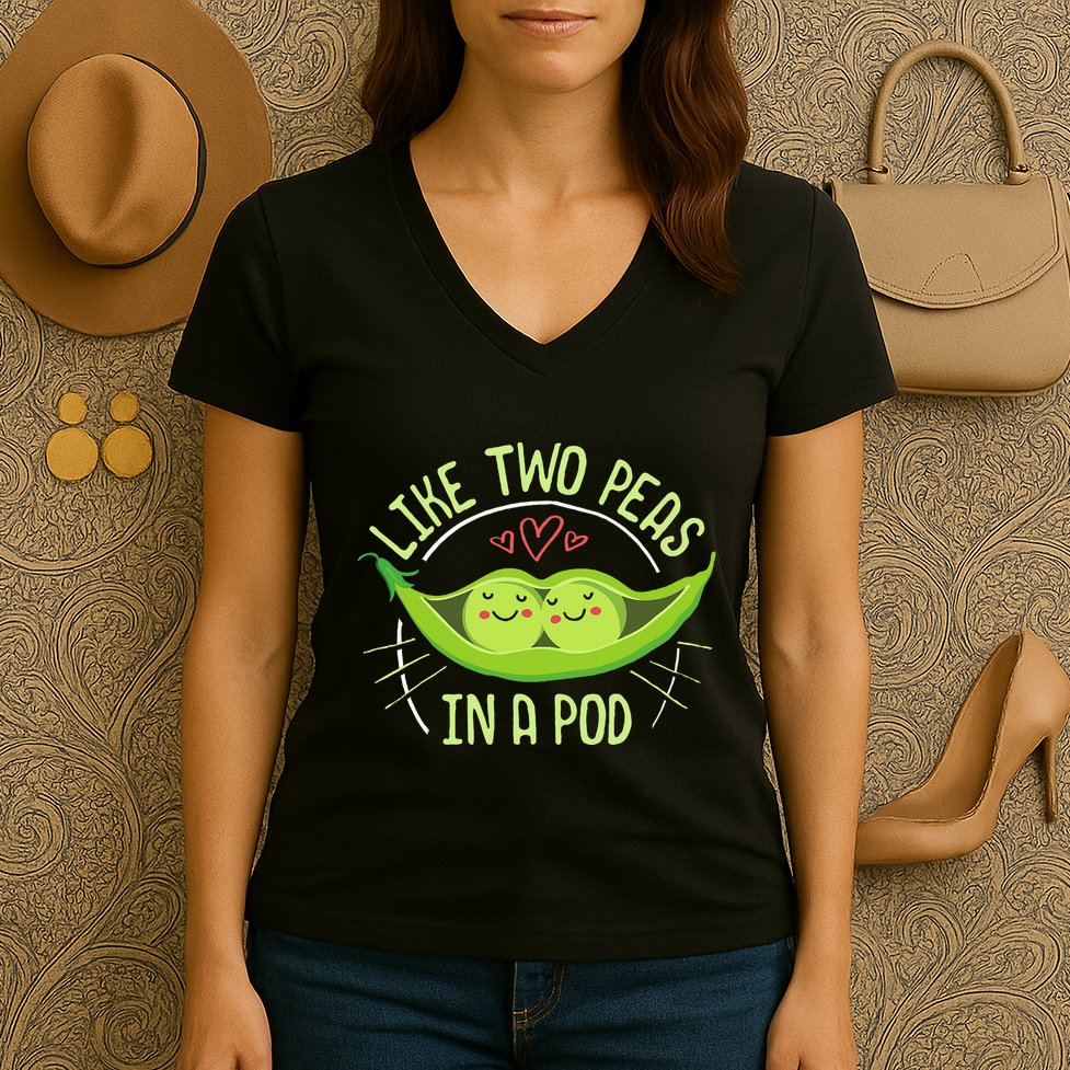 Cute Pea Pod Like Two Peas In A Pod Idiom Women's V-Neck T-Shirt