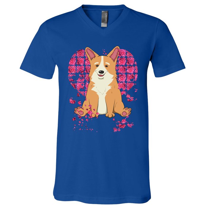 Corgi Pink Rose Flower Heart Dog Mom Floral Valentines Day Meaningful Gift V-Neck T-Shirt