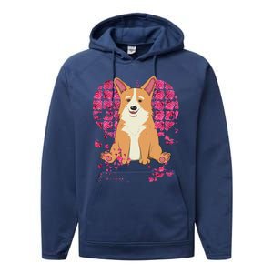 Corgi Pink Rose Flower Heart Dog Mom Floral Valentines Day Meaningful Gift Performance Fleece Hoodie