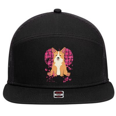 Corgi Pink Rose Flower Heart Dog Mom Floral Valentines Day Cute Gift 7 Panel Mesh Trucker Snapback Hat