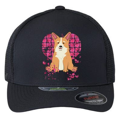 Corgi Pink Rose Flower Heart Dog Mom Floral Valentines Day Cute Gift Flexfit Unipanel Trucker Cap