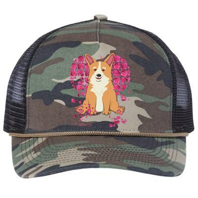 Corgi Pink Rose Flower Heart Dog Mom Floral Valentines Day Cute Gift Retro Rope Trucker Hat Cap