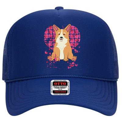 Corgi Pink Rose Flower Heart Dog Mom Floral Valentines Day Cute Gift High Crown Mesh Back Trucker Hat