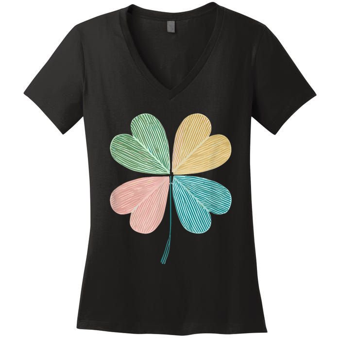 Chic Pretty Retro Lucky St.Patrick’S Day Four Leaf Clover Women's V-Neck T-Shirt