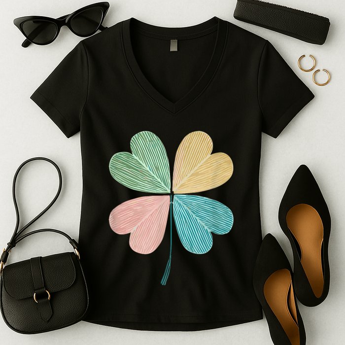 Chic Pretty Retro Lucky St.Patrick’S Day Four Leaf Clover Women's V-Neck T-Shirt