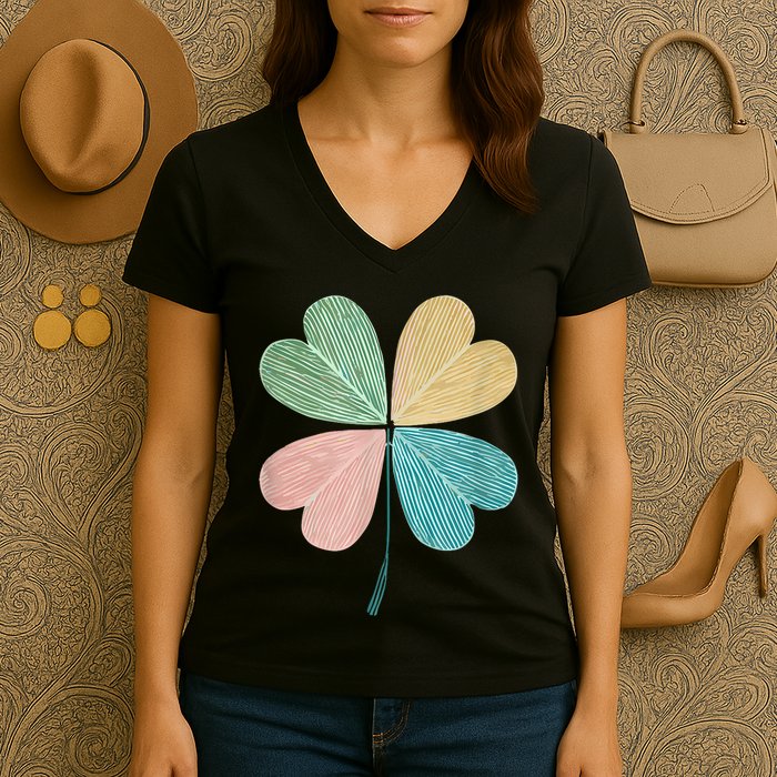Chic Pretty Retro Lucky St.Patrick’S Day Four Leaf Clover Women's V-Neck T-Shirt